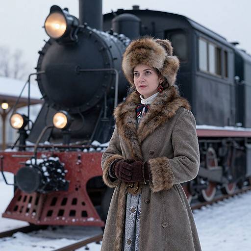 Woman in Vintage Fur Coat by Steam Locomotive in Snow