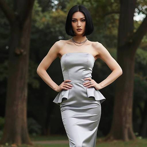 Sophisticated Young Woman in Strapless Silver Satin Dress Outdoors