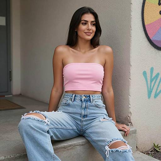 Gen Z Woman in Pink Tube Top and Ripped Jeans Sitting Outdoors