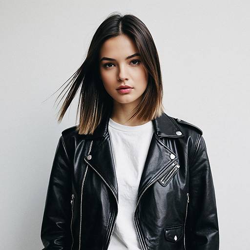 Young Woman in Black Leather Jacket and White T-Shirt Portrait