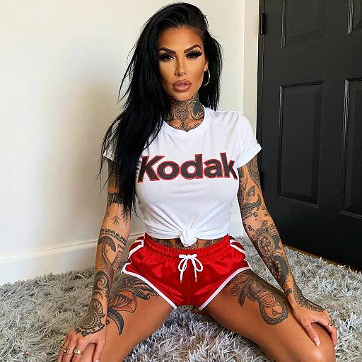 Tattooed Woman Wearing White Kodak T-shirt and Red Shorts Indoor Portrait