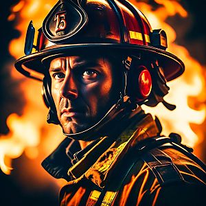 Firefighter in Protective Gear Against Blaze