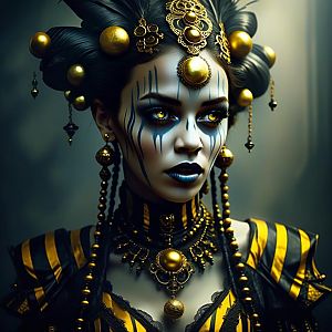 Woman in Black and Gold Costume with Intricate Face Paint