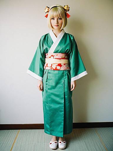 Woman in Traditional Green Kimono with Floral Red Obi and Hair Ornaments