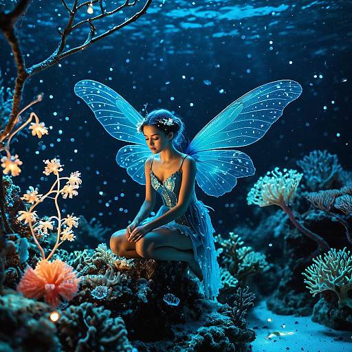 Magical Underwater Fairy with Glowing Blue Wings in Fantasy Coral Reef