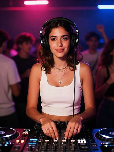 Gen Z Woman DJ Mixing Music at Vibrant Nightclub