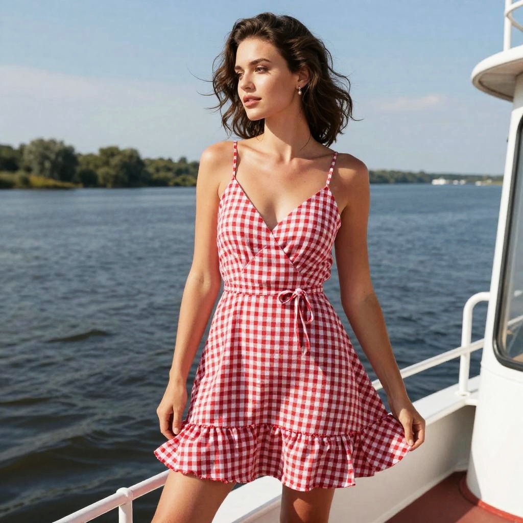 Woman in Casual Summer Red and White Gingham Wrap Dress by the Water
