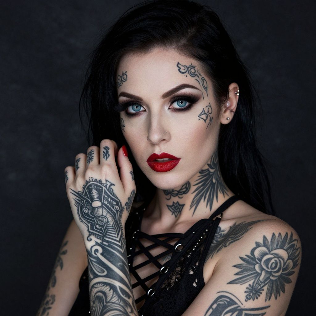 Tattooed Woman Portrait with Gothic Makeup and Red Lips