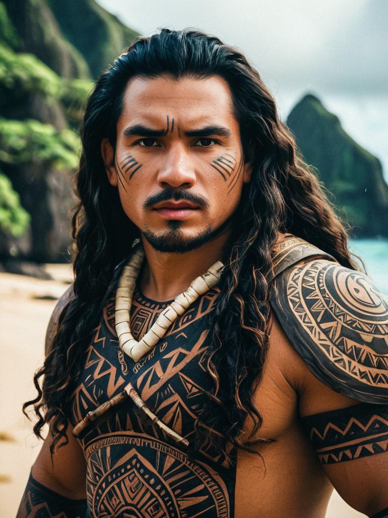 Photorealistic Polynesian Man in Moana Costume with Traditional Tattoos
