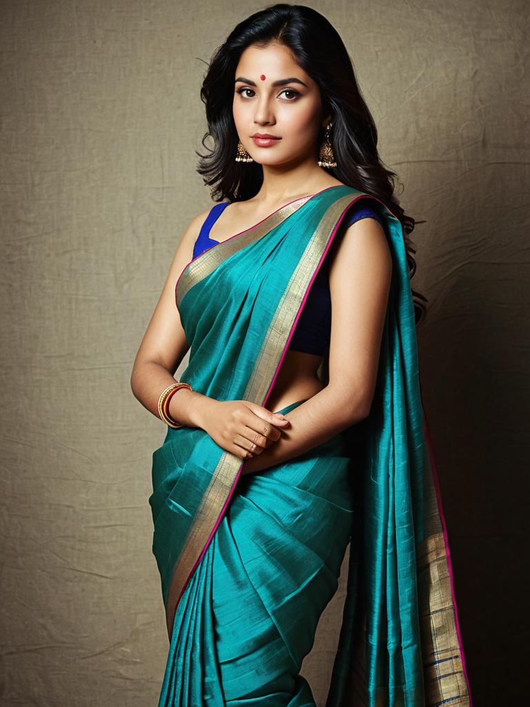 Simple Silk Saree Teal with Golden Border on Woman