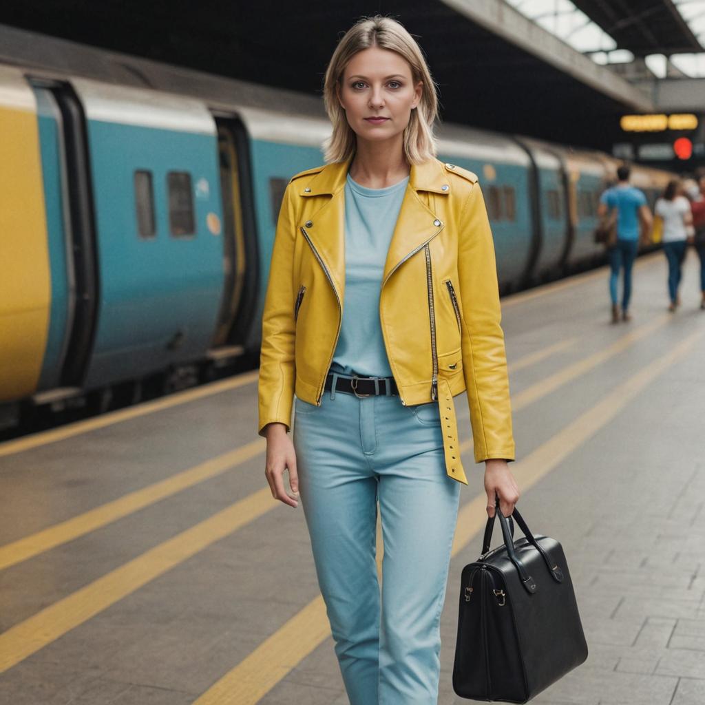 Chic Woman in Yellow Jacket at Train Station