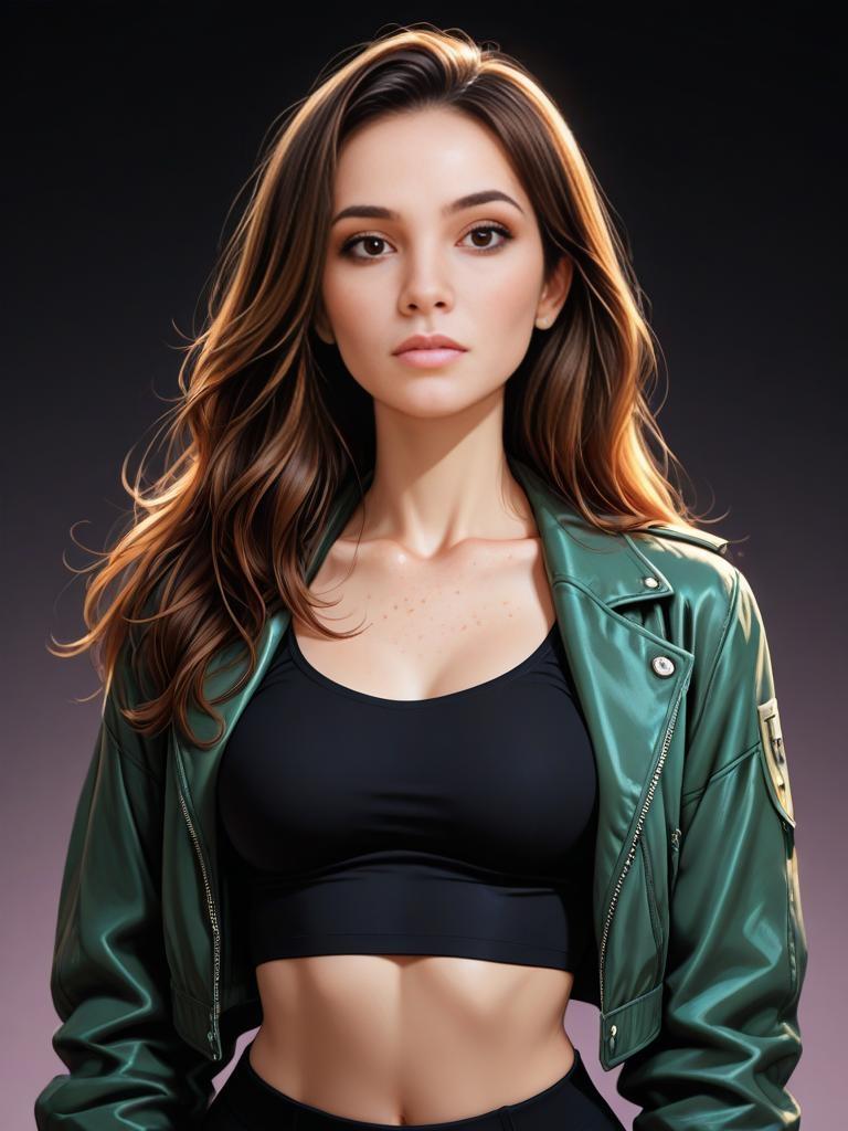 Confident Young Woman in Green Leather Jacket