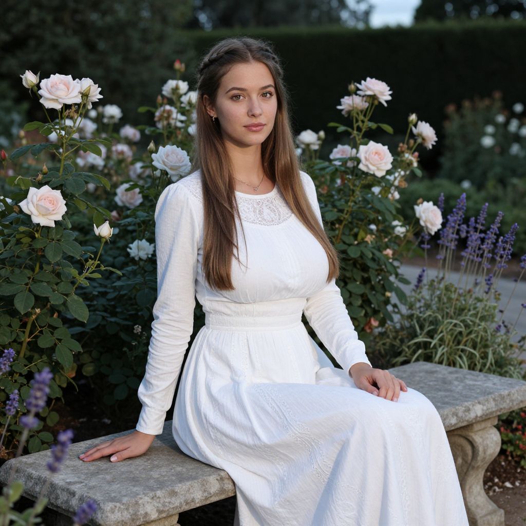 Elegant Young Woman in White Vintage Dress Sitting in Rose Garden