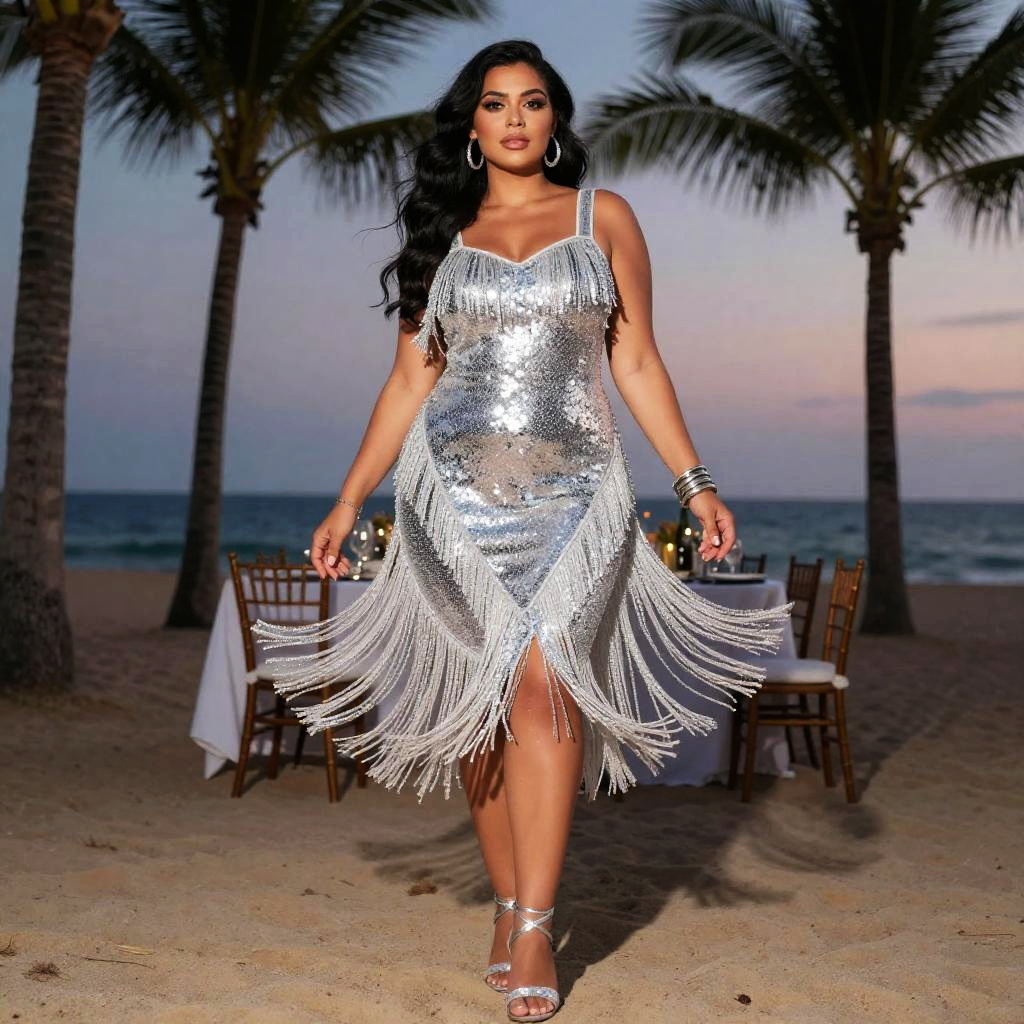 Curvy Woman in Modern Flapper Revival Silver Sequin Dress on Beach