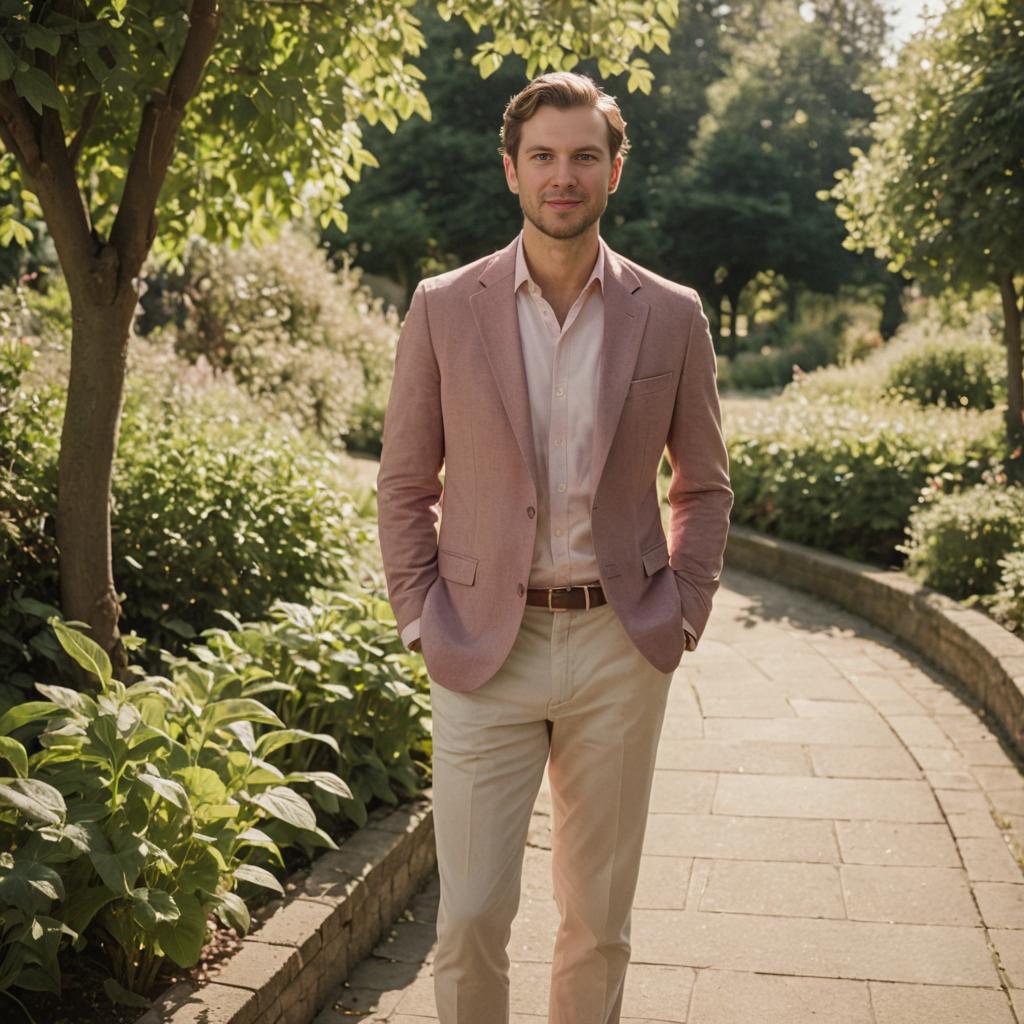 Confident Man in Stylish Blazer at Serene Park