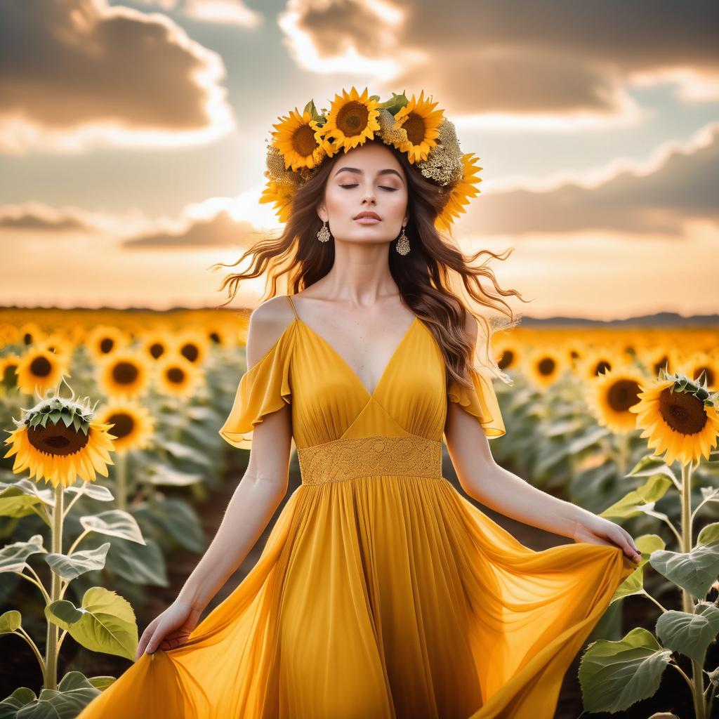 Serene Woman in Sunflower Field at Sunset