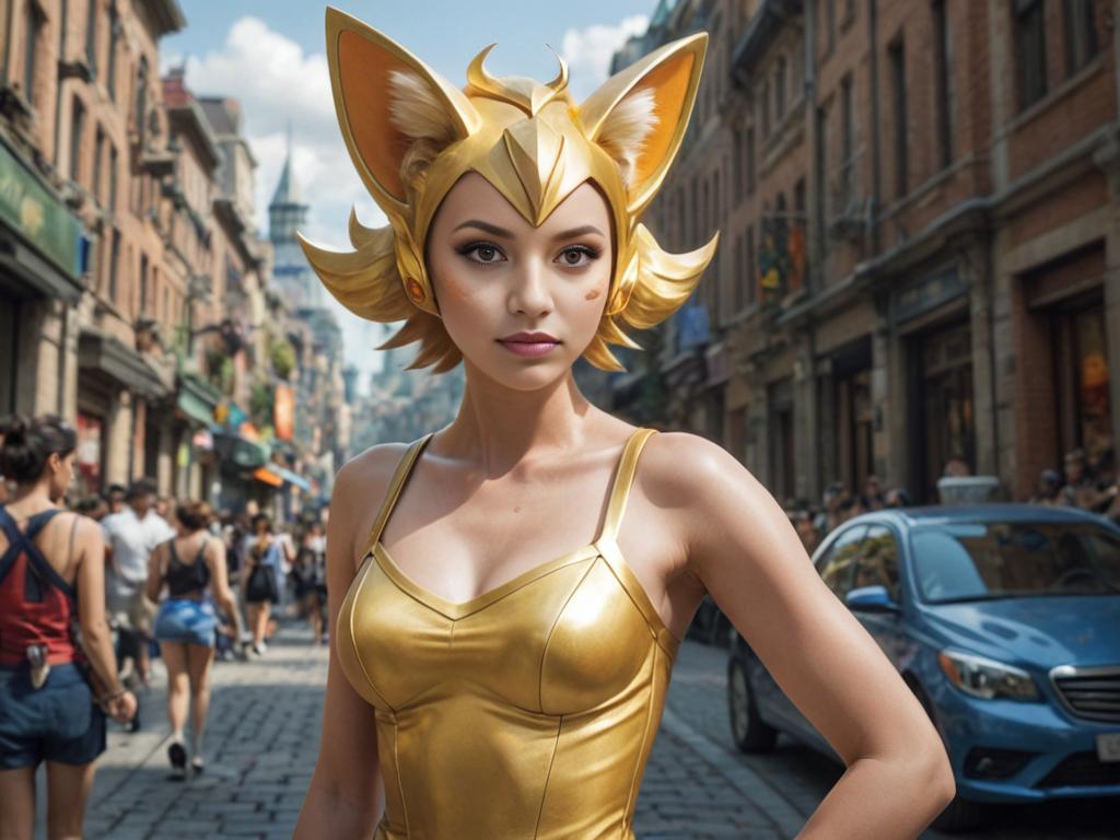 Woman in Golden Outfit with Cat Ears in Urban Street