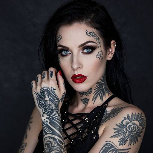 Tattooed Woman Portrait with Gothic Makeup and Red Lips