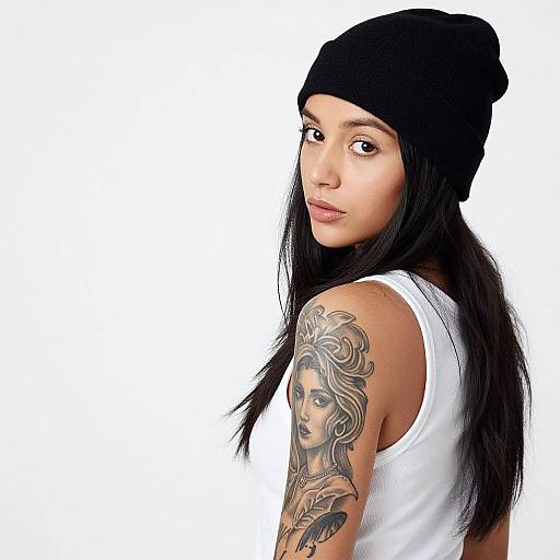 Woman with Detailed Monochrome Portrait Tattoo Wearing Black Beanie