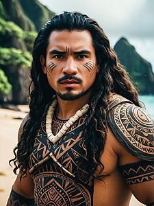 Photorealistic Polynesian Man in Moana Costume with Traditional Tattoos