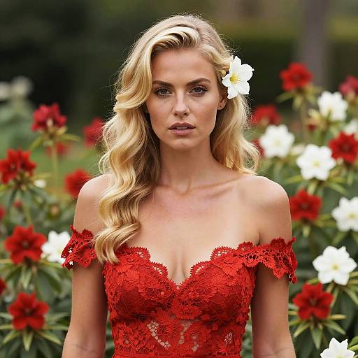 Elegant Blonde Woman in Red Lace Dress with Floral Background