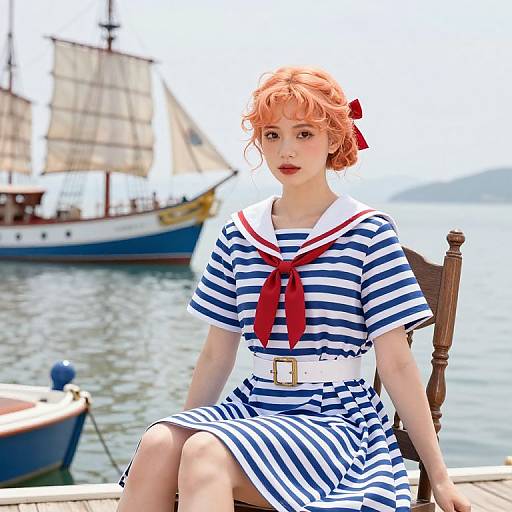 Young Woman in Blue and White Striped Sailor Dress by Waterfront with Tall Ship