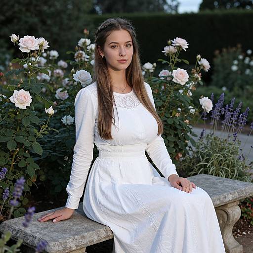 Elegant Young Woman in White Vintage Dress Sitting in Rose Garden