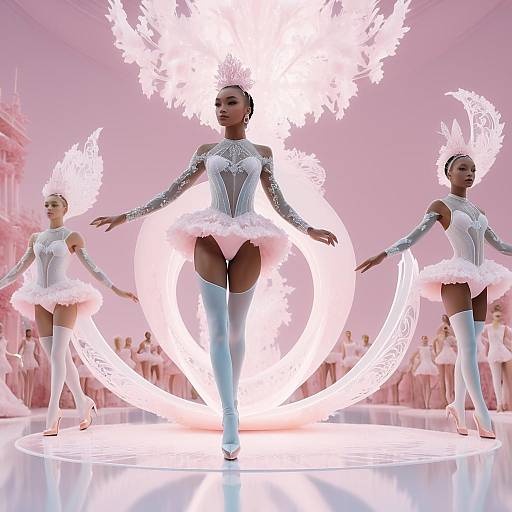3D Animation of Women in Pink Ballet Costumes with Ethereal Ornamental Designs