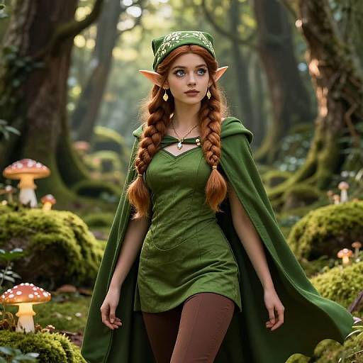 Elf Woman in Green Cloak in Enchanted Forest Fantasy Scene