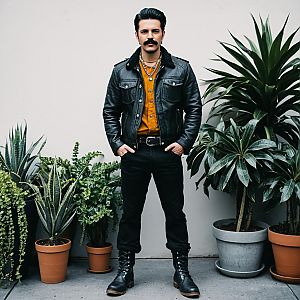 Trendy Man in Leather Jacket and Mustard Shirt Standing by Potted Plants