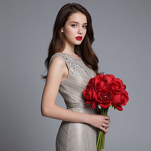 Elegant Woman in Silver Dress Holding Red Flowers Bouquet