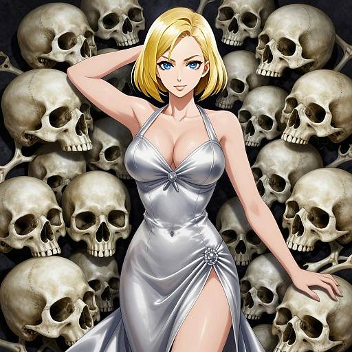 Anime Blonde Woman in Silver Dress Against Skull Background
