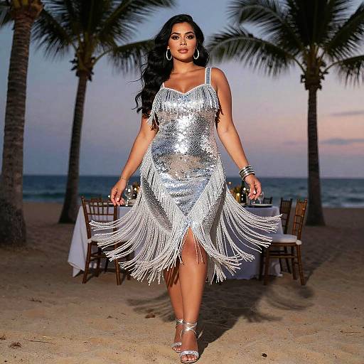 Curvy Woman in Modern Flapper Revival Silver Sequin Dress on Beach