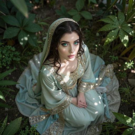 Woman in Traditional Embroidered Green Dress in Lush Garden