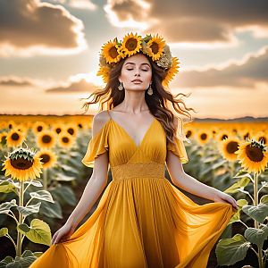 Serene Woman in Sunflower Field at Sunset