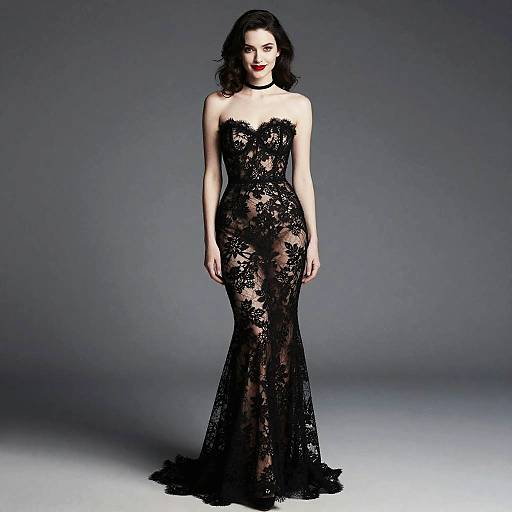 Elegant Woman in Black Lace Floral Evening Gown