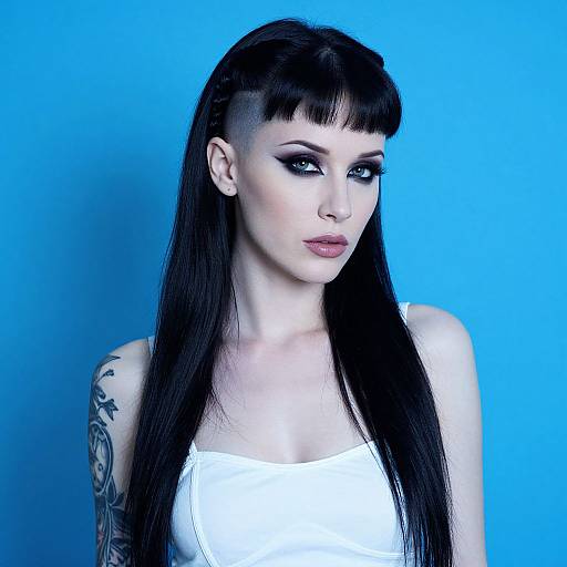 Portrait of Woman with Long Black Hair and Undercut Hairstyle on Blue Background