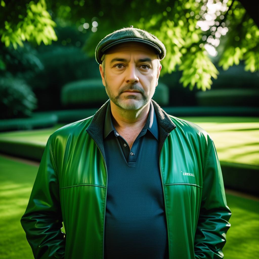 Confident man in stylish green jacket in a garden