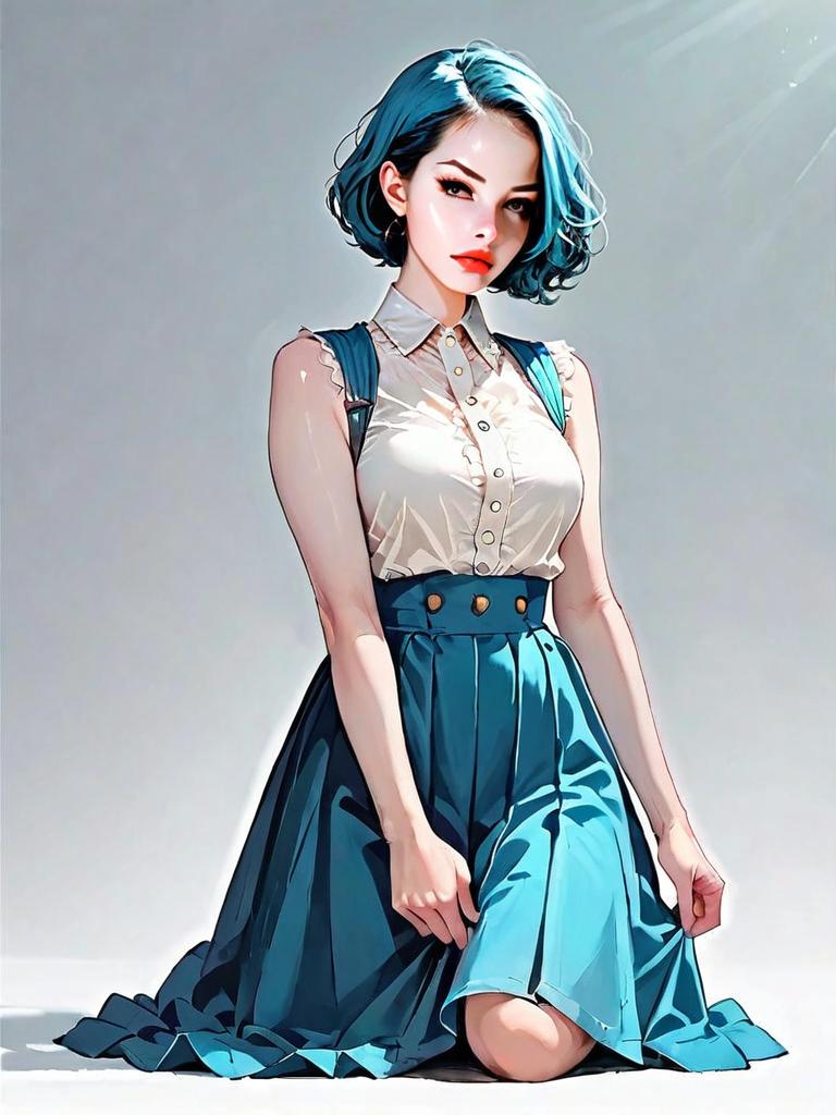 Realistic Comic Style Woman with Blue Hair in Chic Outfit Full Body Illustration