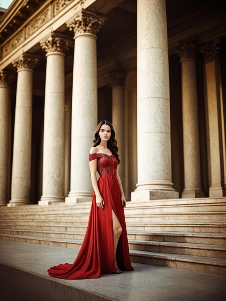 Elegant Woman in Red Gown by Architectural Columns