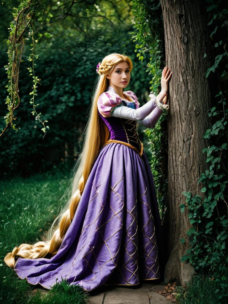 Elegant Medieval Cosplay Gown by Tree in Lush Garden