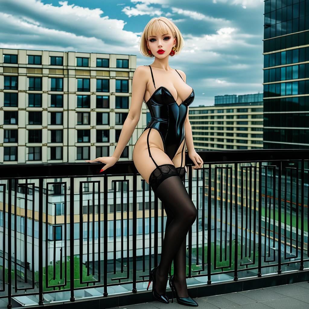 Stylish Woman in Black Bodysuit on Urban Balcony