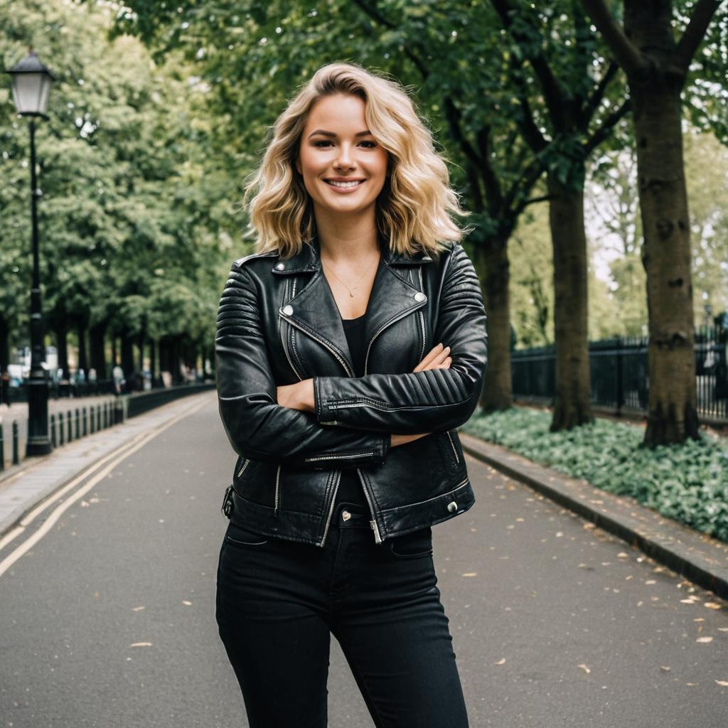 Confident Blonde Woman in Black Leather Jacket on Tree-Lined Urban Street