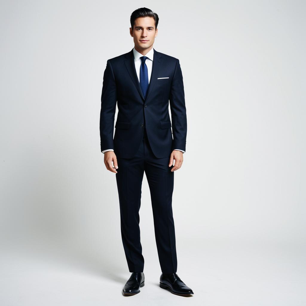 Confident Man in Navy Blue Business Suit Standing Against Plain Background