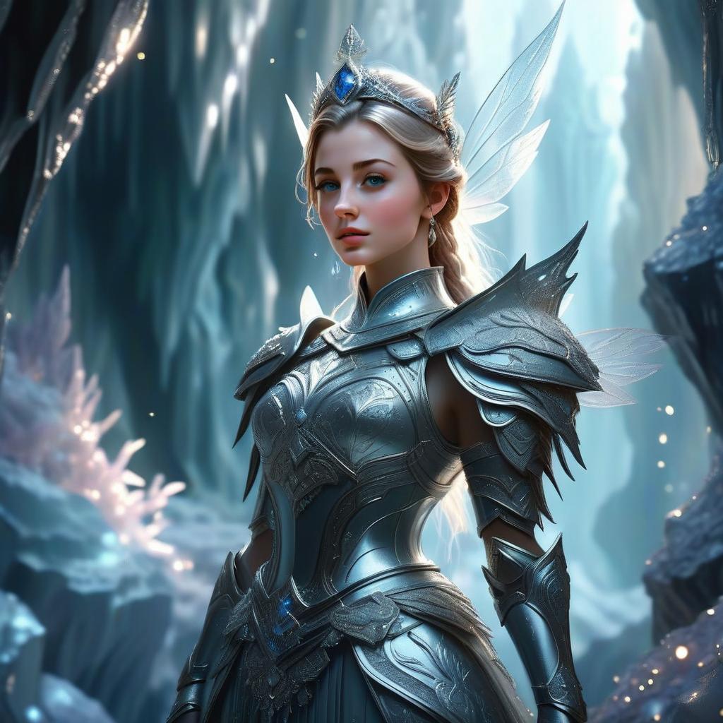 Woman in Silver Armor with Wings in Icy Cavern Woman in Silver Armor with Wings in Icy Cavern