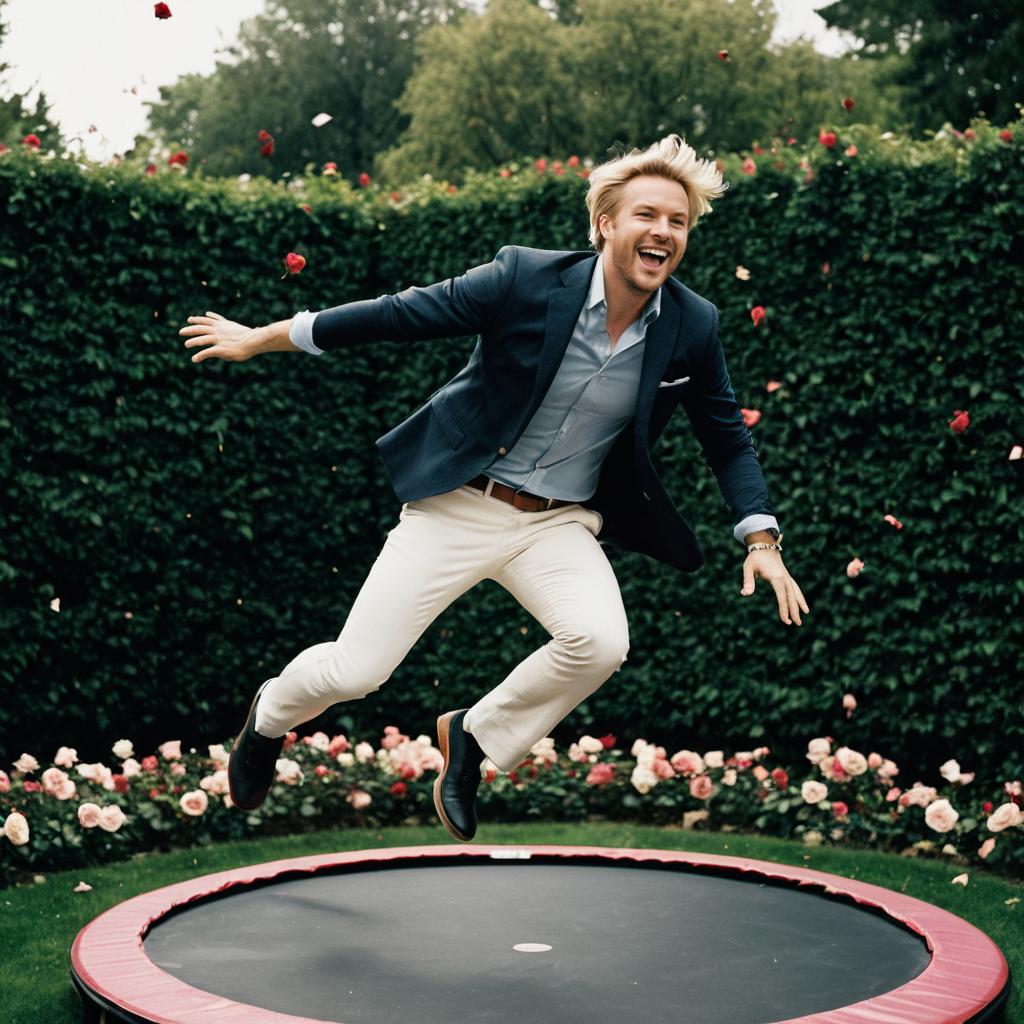 Happy Man Jumping on Trampoline in Garden with Rose Bushes