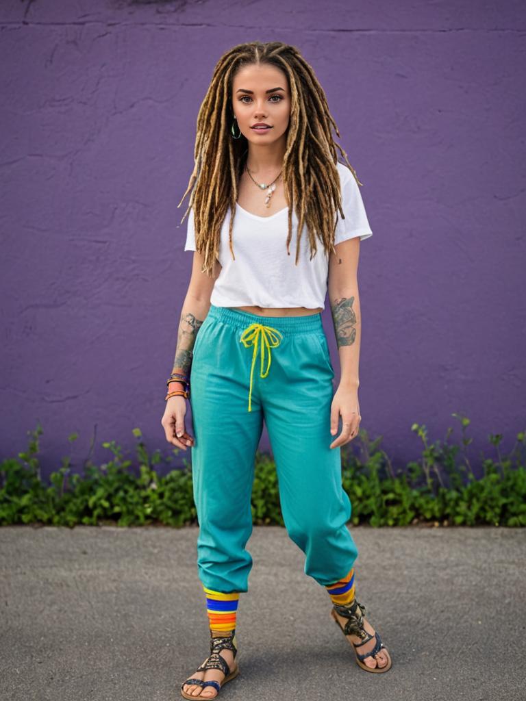 Stylish White Woman with Dreads in Casual Urban Bohemian Fashion