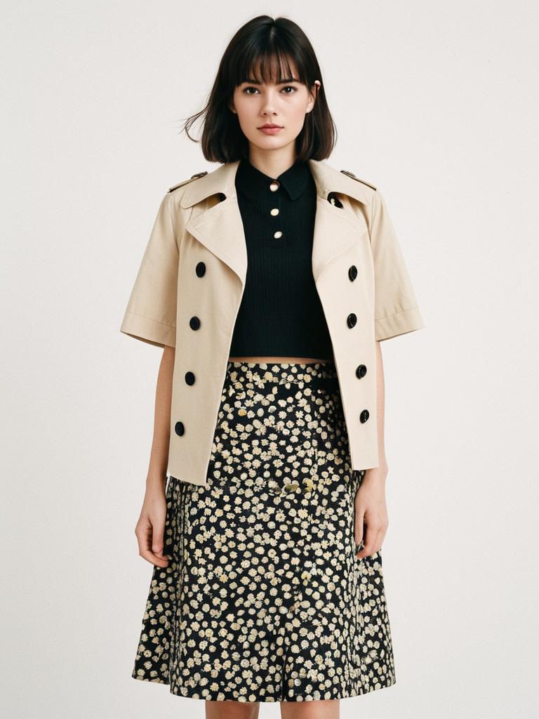 Woman Wearing Beige Cropped Double-Breasted Trench Coat with Floral Skirt