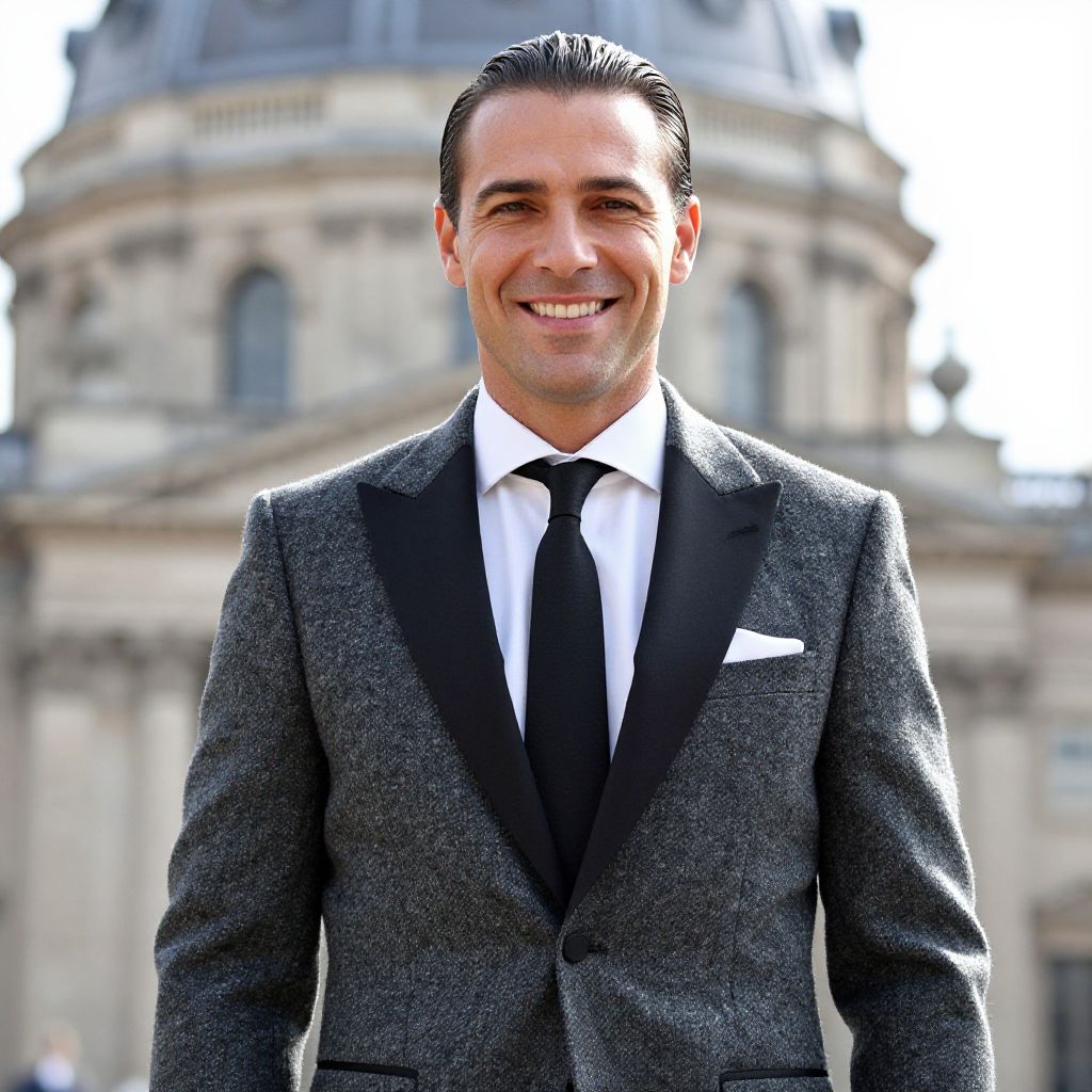 Confident Man in Elegant Grey Tuxedo Outdoors
