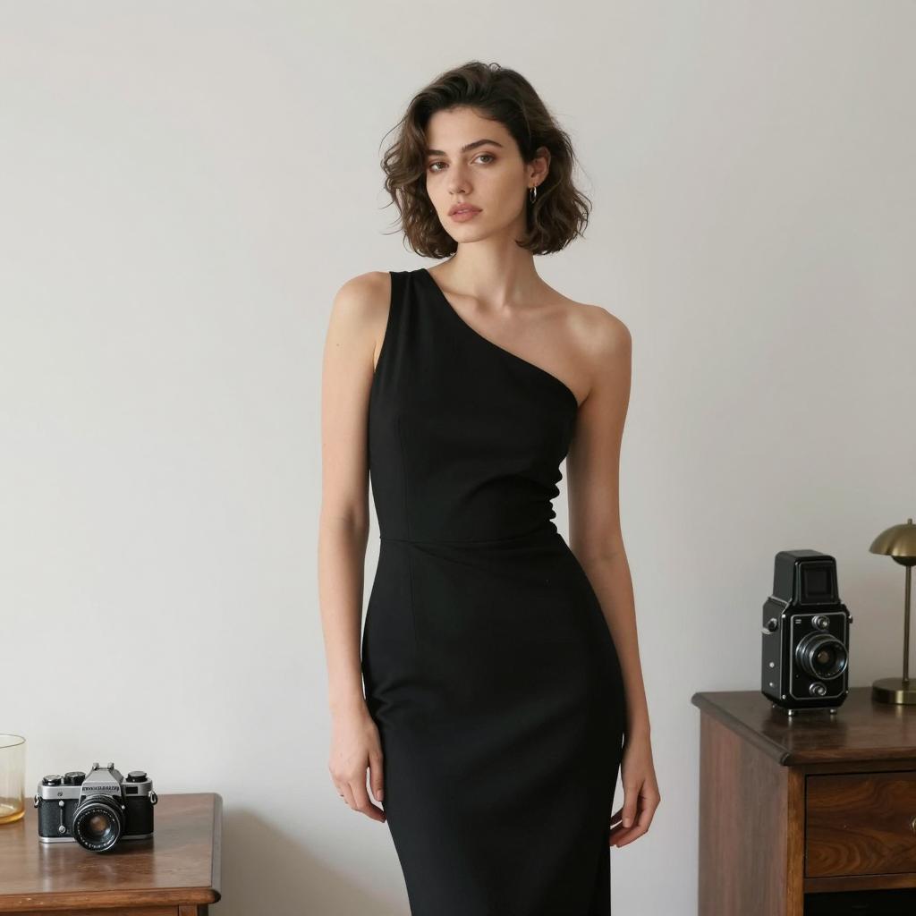 Young Woman in One-Shoulder Black Dress with Vintage Cameras